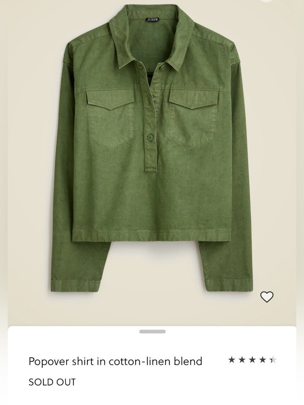 NWT J. Crew Cropped Olive Green Popover Utility Shirt size XXS